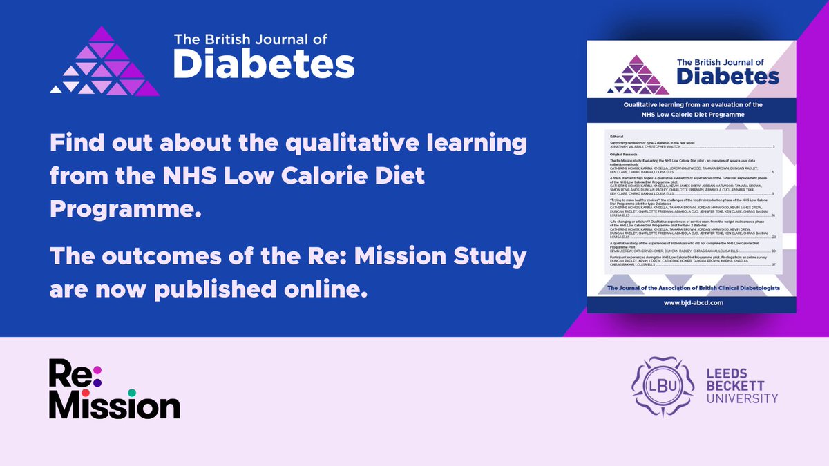 🗞️ Papers published online in the @BJDiabetes detail the findings of the Re:Mission study, which was led by Prof Louisa Ells @LBU_RaE. The papers evaluate the qualitative aspects of the NHS England Low Calorie Diet Pilots 🔗 ow.ly/RsqH50RgaJB