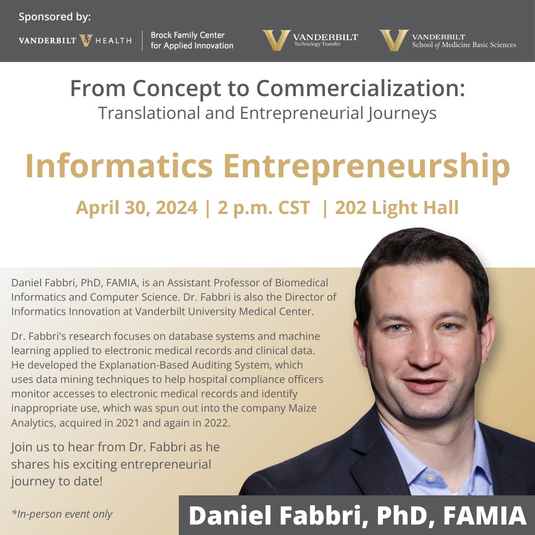 🌟 TODAY! 🌟 Join us for an exciting in-person lecture featuring Dr. Daniel Fabbri on April 30th at 2pm! Learn more about informatics #entrepreneurship and #innovation with a pioneer in the field. ow.ly/LbFe50Rgpfr