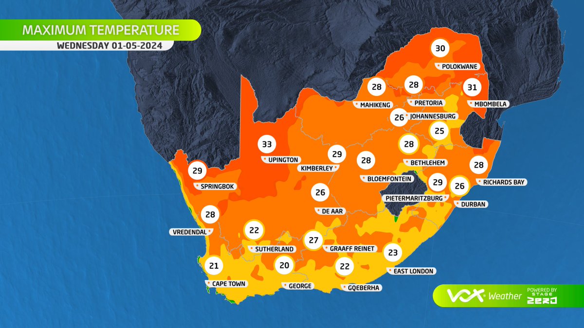 WEATHER for this WORKERS' DAY – 01 May 2024 ☀️Sunny and warm to hot across most of SA this #Workersday ⚠️NO WARNINGS by SAWS⚠️ 🔥FIRE DANGER over parts of E-Cape & Limpopo For a more in-detail forecast watch Meteorologist Michelle Cordier LIVE at 6pm on #VoxWeather