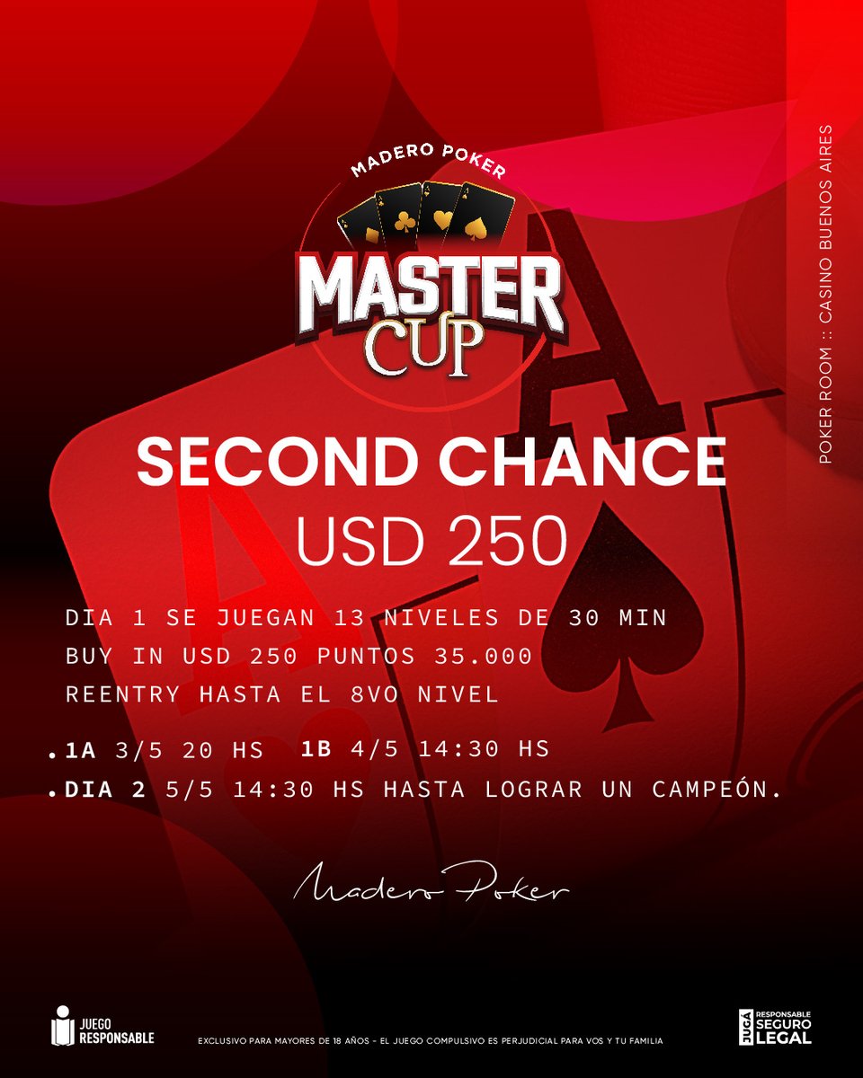 Toda la INFO del SECOND CHANCE👇
💸Buy In: USD 250
🎯Puntos: 35.000
🔁Re Entry: 8VO

#poker #torneodepoker #juegoresponsable #juegolegal