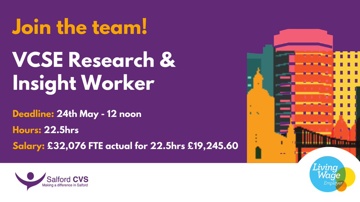 Get your application in for this exciting VCS Research and Insight role. The role involves a combination of Voluntary, Community and Social Enterprise sector engagement and insight work across Salford. 

lght.ly/043gooh

#MakingADifference #SalfordCVS #RealLivingWage