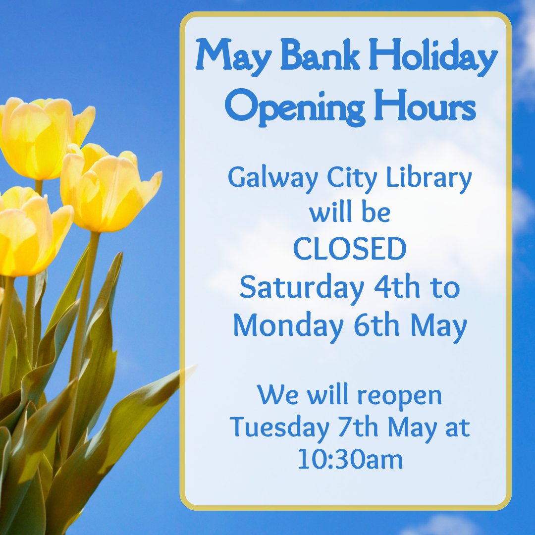 The library will be closed on Saturday the 4th to Monday 6th May. Open on Tuesday morning as usual at 10:30am. #maybankholiday