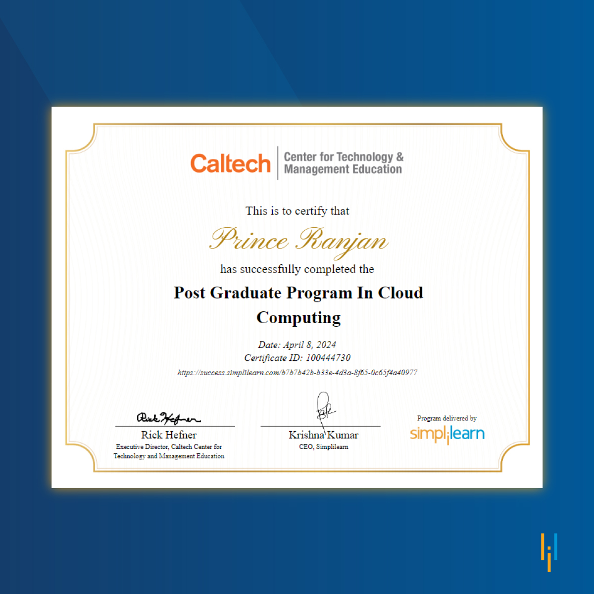 Congratulations to Prince Ranjan for his incredible achievement in completing the Simplilearn Post Graduate Program in Cloud Computing in collaboration with Caltech CTME! His accomplishments, bolstered by certifications aligned with AWS and Microsoft Azure, showcase his…