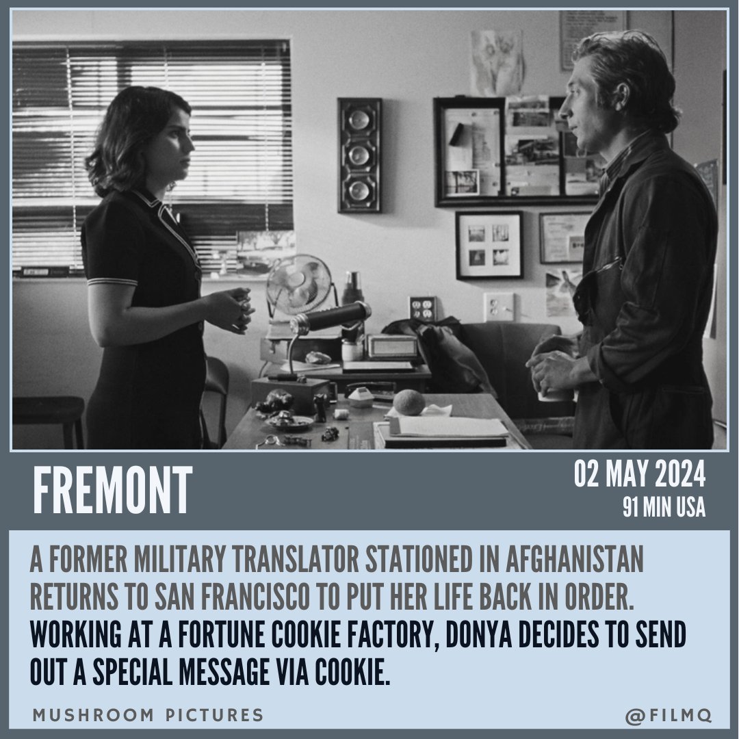 A former military translator stationed in Afghanistan returns to San Francisco to put her life back in order. Working at a fortune cookie factory, Donya decides to send out a special message via cookie.
filmq.com.au/movie/fremont-…

#filmQ #Fremont #MushroomPictures @Mushr00mstudios