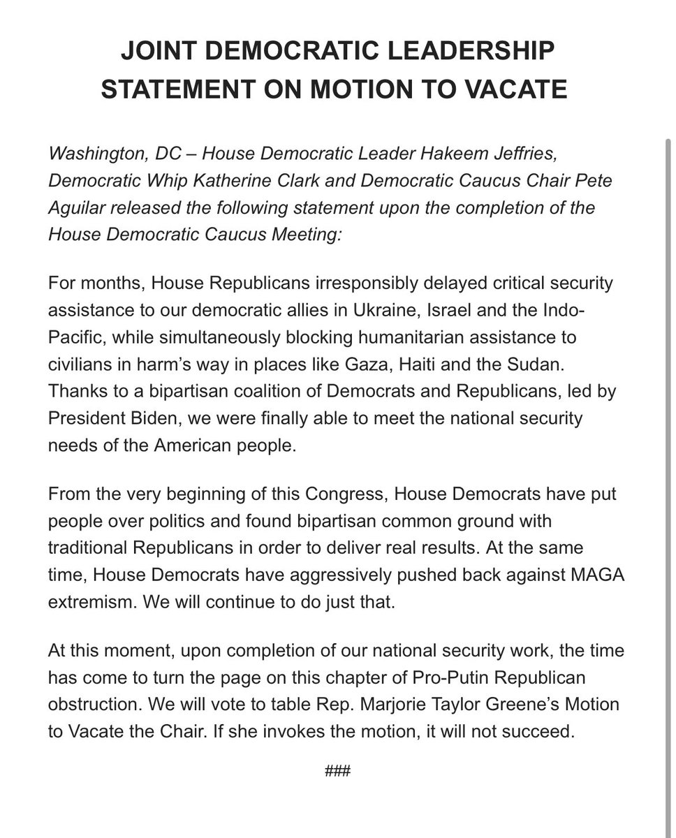 House Democratic leadership: “We will vote to table Rep. Marjorie Taylor Greene’s Motion to Vacate the Chair. If she invokes the motion, it will not succeed.”