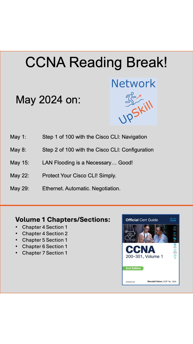 On Wednesdays in May, watch for new CCNA content videos and related review activities at the Network Upskills YouTube Channel! See the graphic for titles and book sections. (The sections are the same in 1stand 2nd edition books!) Links: youtube.com/@NetworkUpskill @CiscoPress