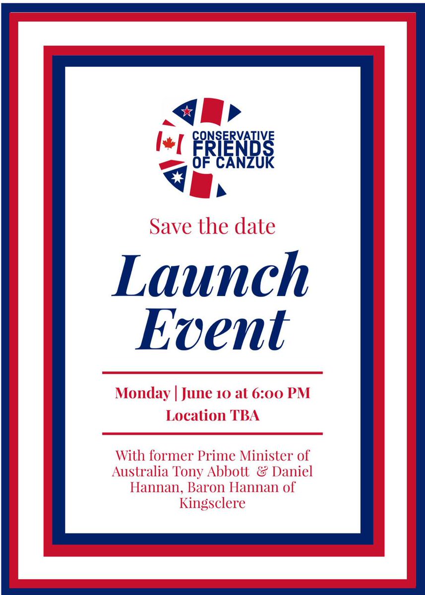 Are you a UK conservative? 🇬🇧

Save the date for the @CFOCANZUK launch event on June 10th, with special guests @DanielJHannan and @HonTonyAbbott. Further details to be announced. 🇨🇦🇦🇺🇳🇿🇬🇧

#CANZUK #ukpolitics