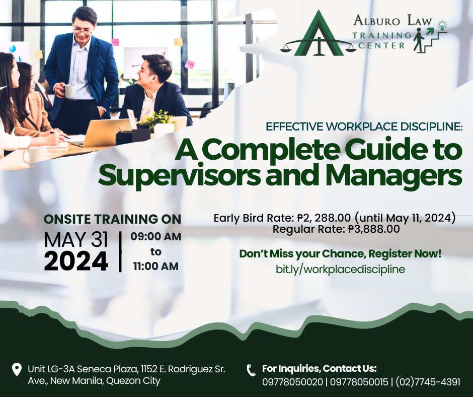 This training provides supervisors and managers with comprehensive guidance on implementing effective workplace discipline. 
 
REGISTER NOW: bit.ly/workplacedisci…

#WorkplaceDiscipline #ManageEmployee #LaborLaw 
#LegalEducation #AlburoLaw 
#Yangtze