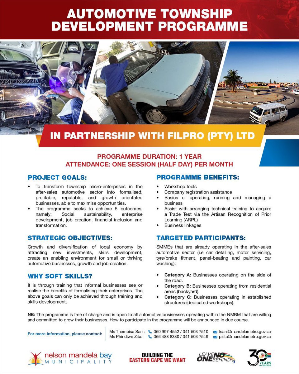 The NMBM EDTA Directorate invites micro-enterprises in the after-sales automotive sector to take part in the Automotive Township Development Programme. facebook.com/share/p/5gE9HN…