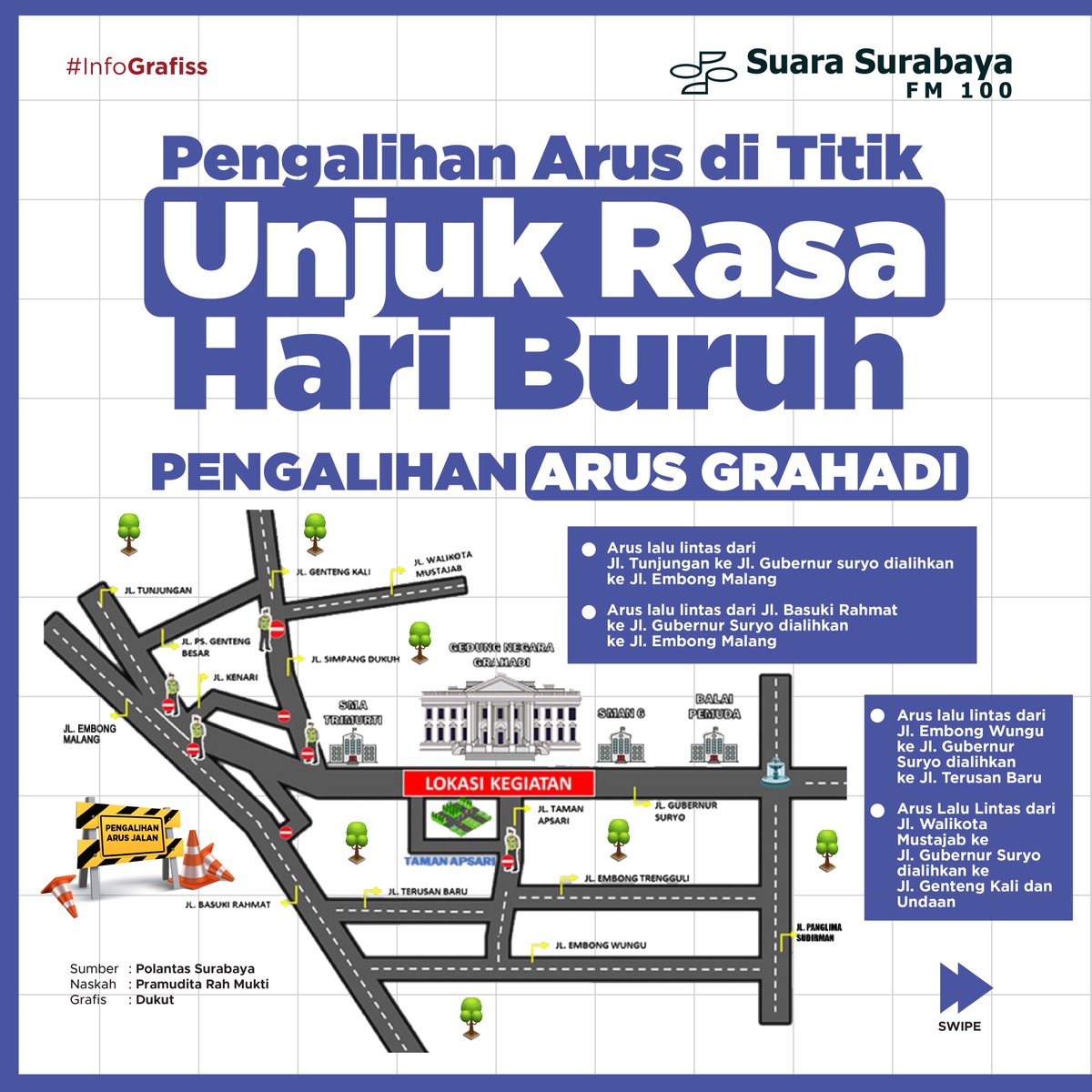 e100ss's tweet photo. Dalam rangka peringatan Hari Buruh Sedunia 1 Mei 2024, buruh akan berunjuk rasa di beberapa titik yaitu Gedung Negara Grahadi Jl Gubernur Suryo, Kantor Gubernur Jawa Timur Jl Pahlawan, Kantor DPRD Provinsi Jawa Timur Jl Indrapura, dan sebelumnya akan berkumpul di Bundaran Waru.

Massa buruh akan melewati Jalan Raya Darmo - Jl Urip Sumoharjo - Jl Basuki Rahmat - Jl Embong Malang - Jl Blauran - Jl Bubutan - dan Jl Pahlawan.