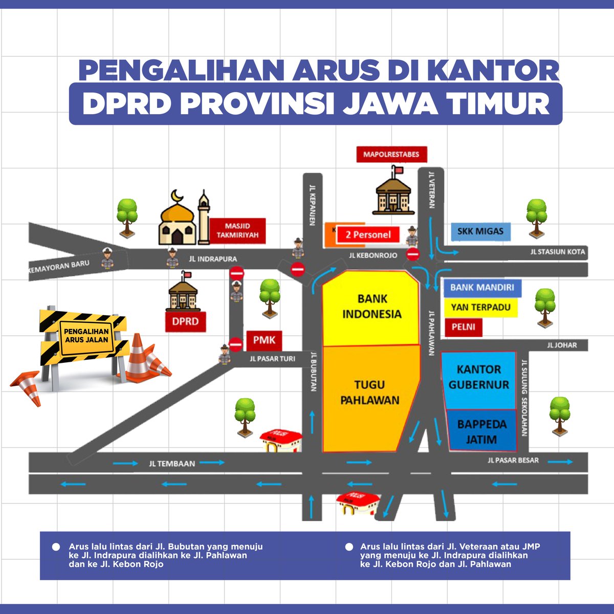 e100ss's tweet photo. Dalam rangka peringatan Hari Buruh Sedunia 1 Mei 2024, buruh akan berunjuk rasa di beberapa titik yaitu Gedung Negara Grahadi Jl Gubernur Suryo, Kantor Gubernur Jawa Timur Jl Pahlawan, Kantor DPRD Provinsi Jawa Timur Jl Indrapura, dan sebelumnya akan berkumpul di Bundaran Waru.

Massa buruh akan melewati Jalan Raya Darmo - Jl Urip Sumoharjo - Jl Basuki Rahmat - Jl Embong Malang - Jl Blauran - Jl Bubutan - dan Jl Pahlawan.