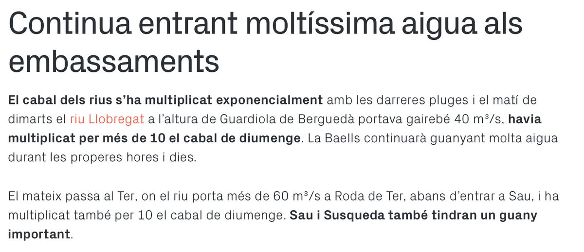 Guaita, un dia de pluja abundant i als embassaments els hi entra moltíssima aigua. Encara recordo el ⁦@govern⁩ culpant el bosc dels embassaments buits, en comptes de culpar la manca de pluja durant aquests darrers quatre anys. Deien que els arbres “gasten massa aigua”.