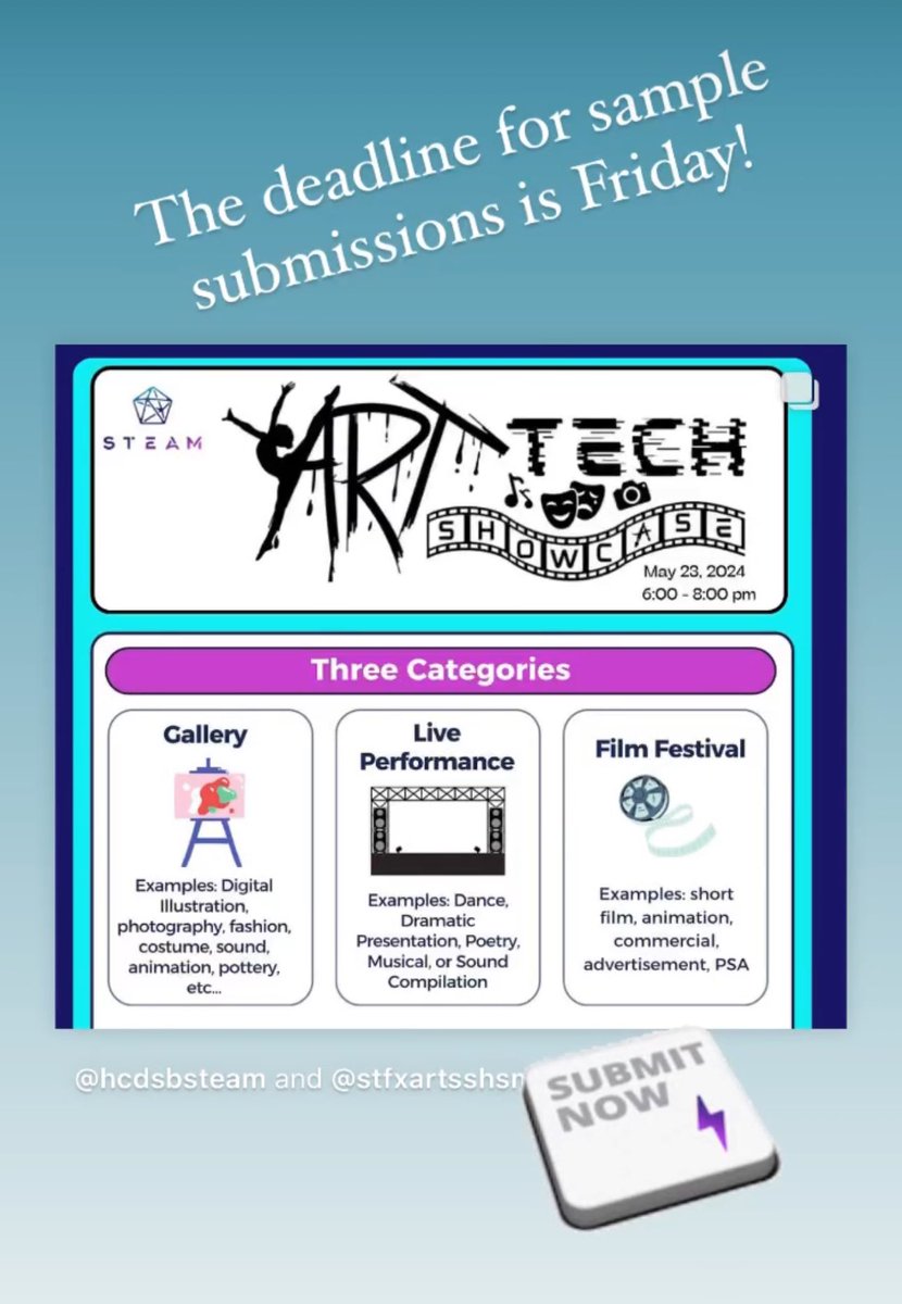 Art-Tech Showcase is fast approaching - submit a sample of your work by this Friday so we can see your works in progress. Visual arts, live performances, or film - with a tie to technology.  All are welcome. @HCDSB