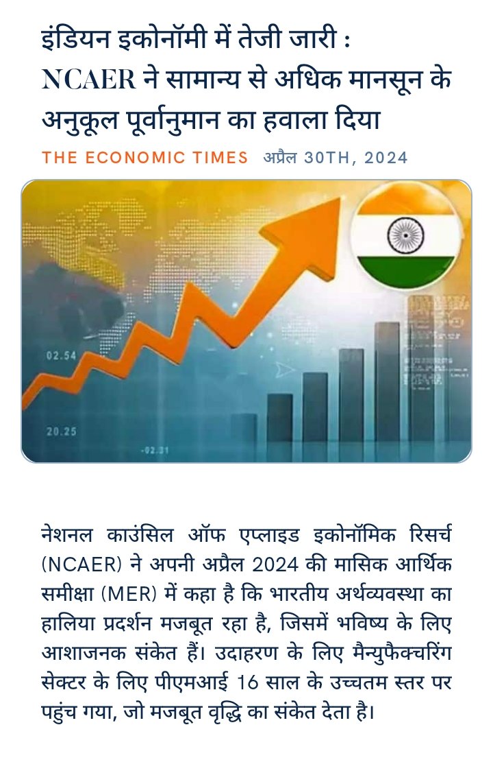 मोदी जी हैं तो चहुंमुखी विकास की गारंटी है 
इंडियन इकोनॉमी में तेजी जारी : NCAER ने सामान्य से अधिक मानसून के अनुकूल पूर्वानुमान का हवाला दिया
economictimes.indiatimes.com/news/economy/i… via NaMo App