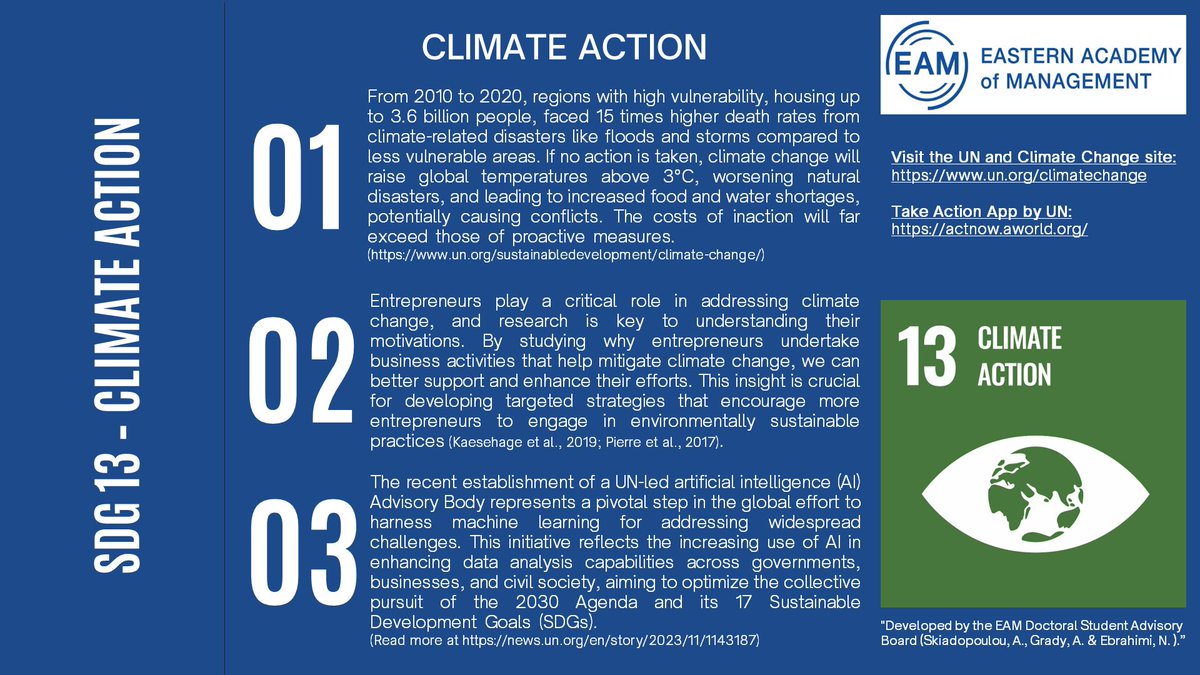 Wishing you a joyful Tuesday from our #DoctoralStudent Advisory Board! Today, we're emphasizing the importance of #UNPRME Goal 13 - #climateaction. It's universally recognized that #entrepreneurs are vital in mitigating #climatechange, and #research is key! #EAM2024