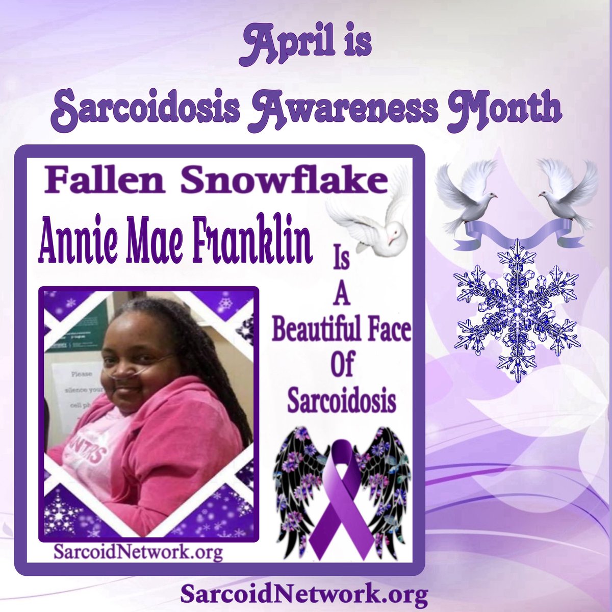 This is our Sarcoidosis Sister Fallen Snowflake Annie Mae Franklin and she is a Beautiful Face of Sarcoidosis!💜

#Sarcoidosis #raredisease #preciousmemories #patientadvocate #sarcoidosisadvocate #beautifulfacesofsarcoidosis #sarcoidosisawarenessmonth