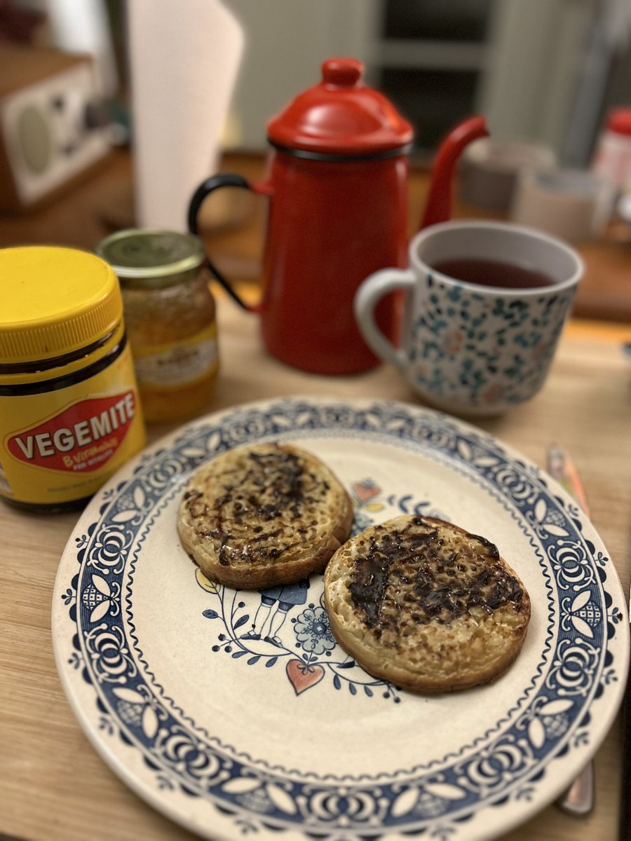 Crumpets with butter, vegemite and marmalade plus a cup of hibiscus, damiana and wormwood tea. Don’t expect you to follow me on the tea, but the crumpets are great. And thanks for viewing this installment of #MidnightGourmand — the posts where I get baked and bake.
