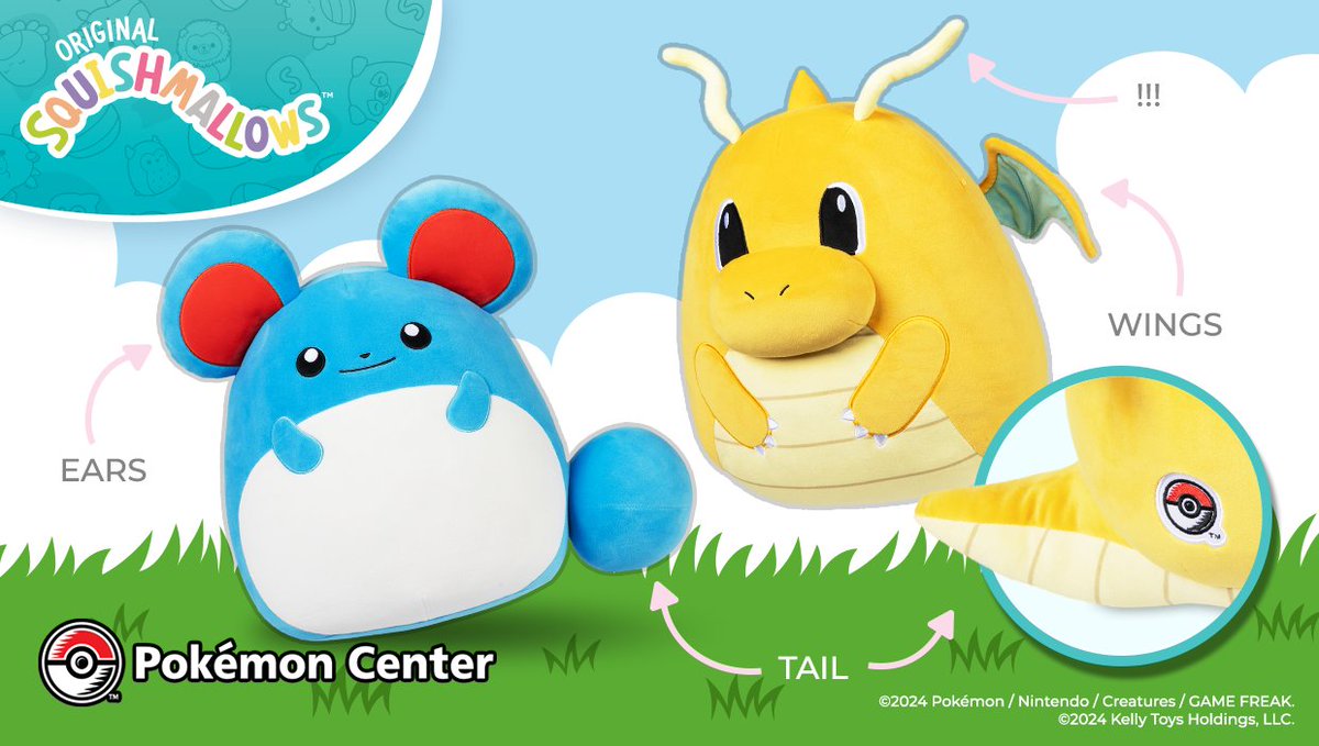 Pokemon's tweet image. In the clouds! In the grass! Dragonite and Marill Squishmallows with the exclusive Pokémon Center patch are waiting to join your Squad!

Pre-order the newest #SquishmallowsxPokemon now, only at #PokemonCenter!

💛: pkmn.news/Dragonite
💙: pkmn.news/Marill