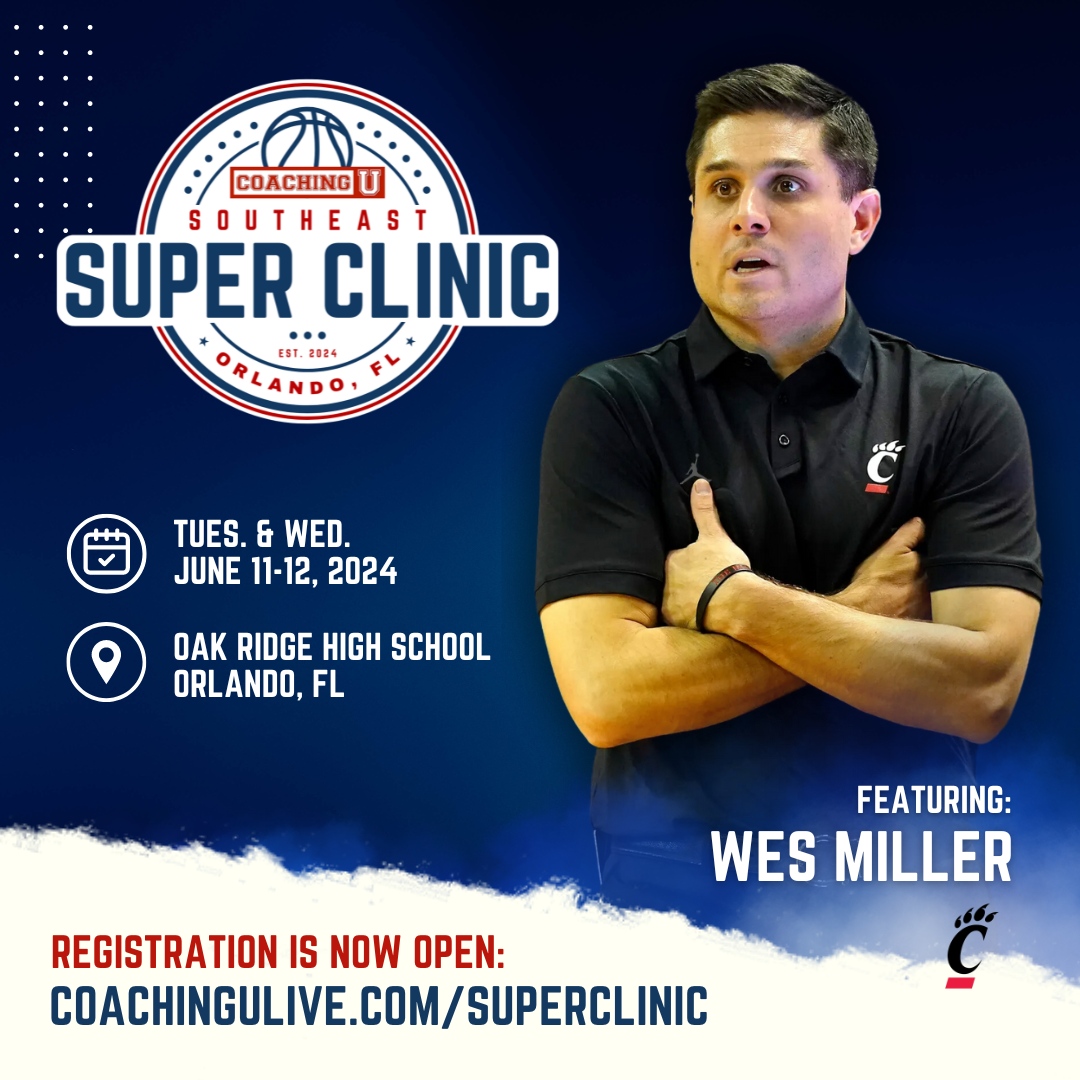 🏀 Coaching U returns to Orlando this summer for the 1st ever Southeast Super Clinic featuring Cincinnati head coach Wes Miller! 🗓️ June 11-12, 2024 📍 Orlando, FL 🎟️ Registration is now open: 🔗 coachingulive.com/superclinic