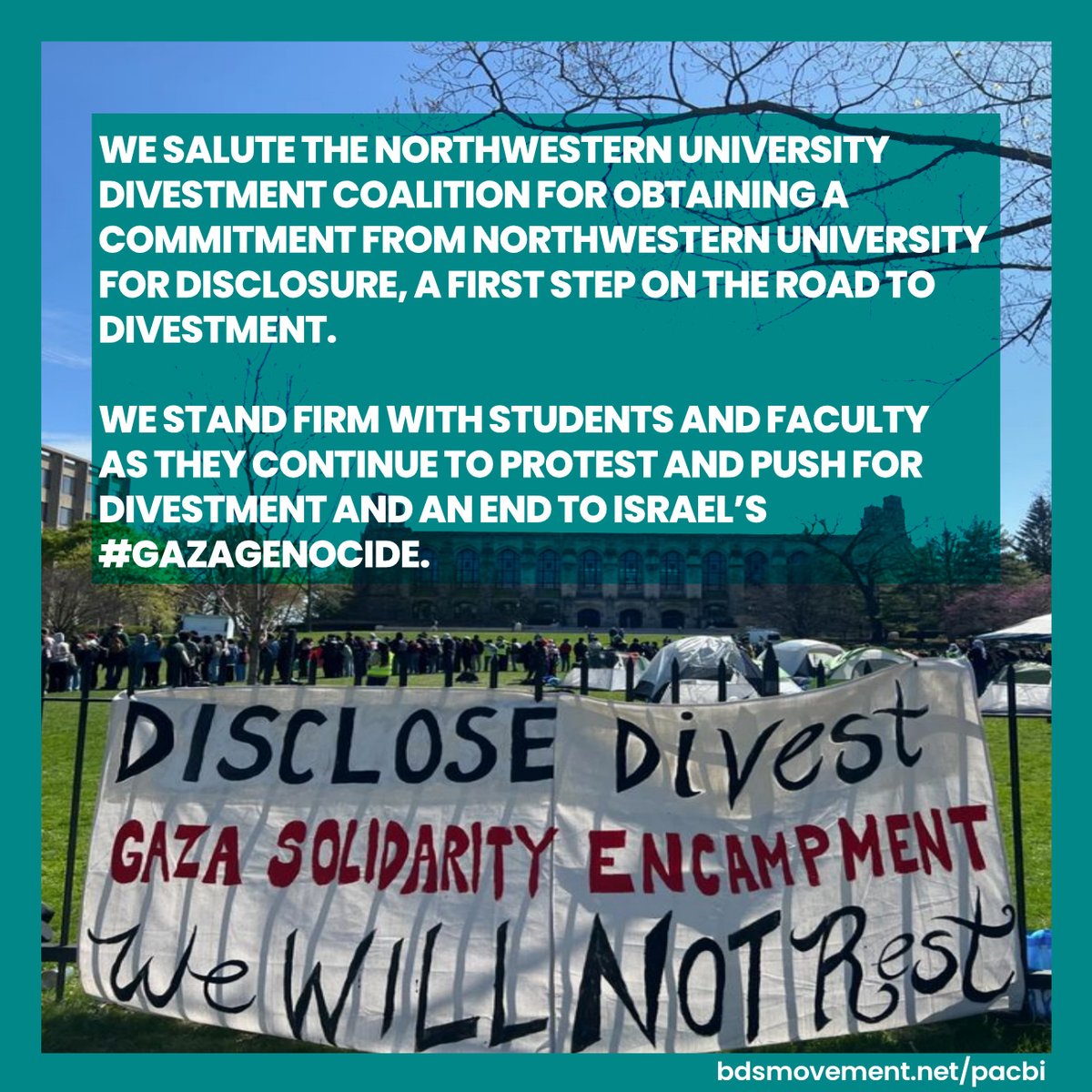 We salute the Northwestern University Divestment Coalition for obtaining a commitment from @NorthwesternU for disclosure, a first step toward divestment. We stand firm with students and faculty as they continue to protest & push for divestment & an end to Israel’s #GazaGenocide.