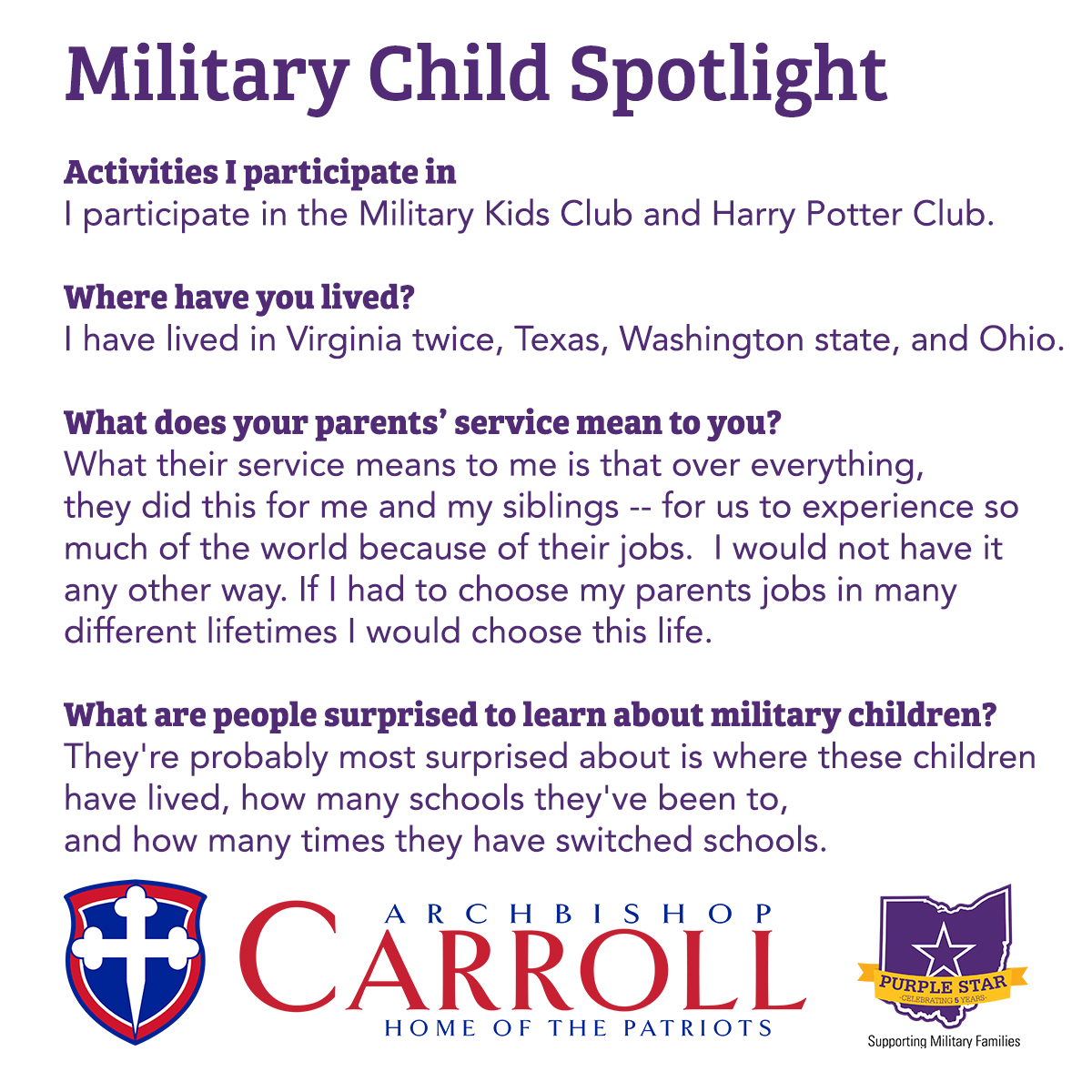 🟣Military Child Spotlight: Ellen Morrill '24🟣