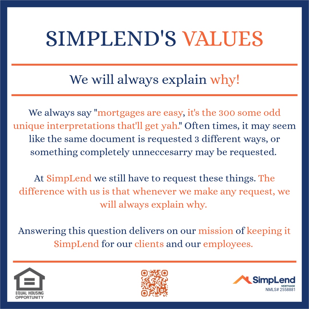 Highlighting another of SimpLend's values, the concept of 'always explain why'.  Transparency is key! 🗝️

#SimpLend #MortgageMadeEasy #CommunicationIsKey #TransparencyMatters #CompanyValues #StayInformed #OpenCommunication #ExplainWhy'