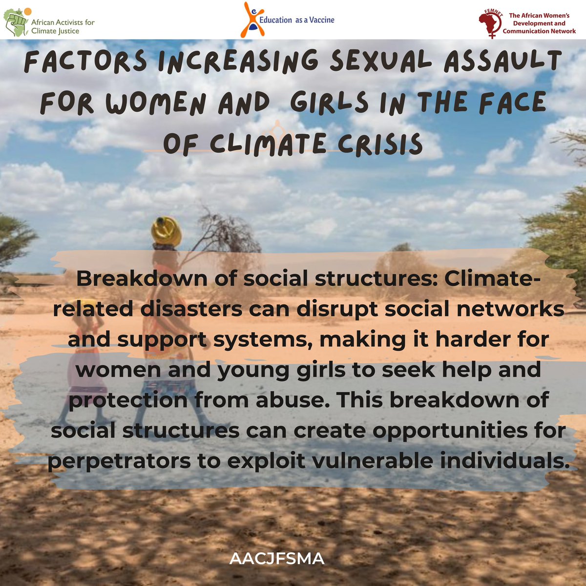 To commensurate with the theme of this year’s Sexual Assault Awareness Month “Building Connected Communities” we highlight some of the factors contributing to the high prevalence of Sexual assault in communities that are affected by climate change.
#SAAM
#AACJFSMA
@EVA_Nigeria