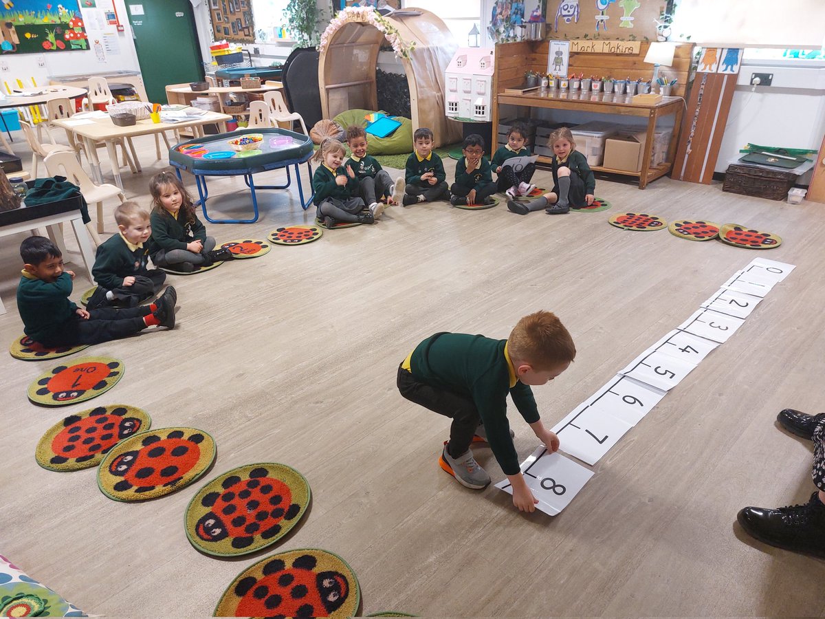 #MeithrinPM have been working hard this afternoon with their language and counting, using a number line. Which number is before, after, between, next, smallest and largest? Gwaith da pawb 👏