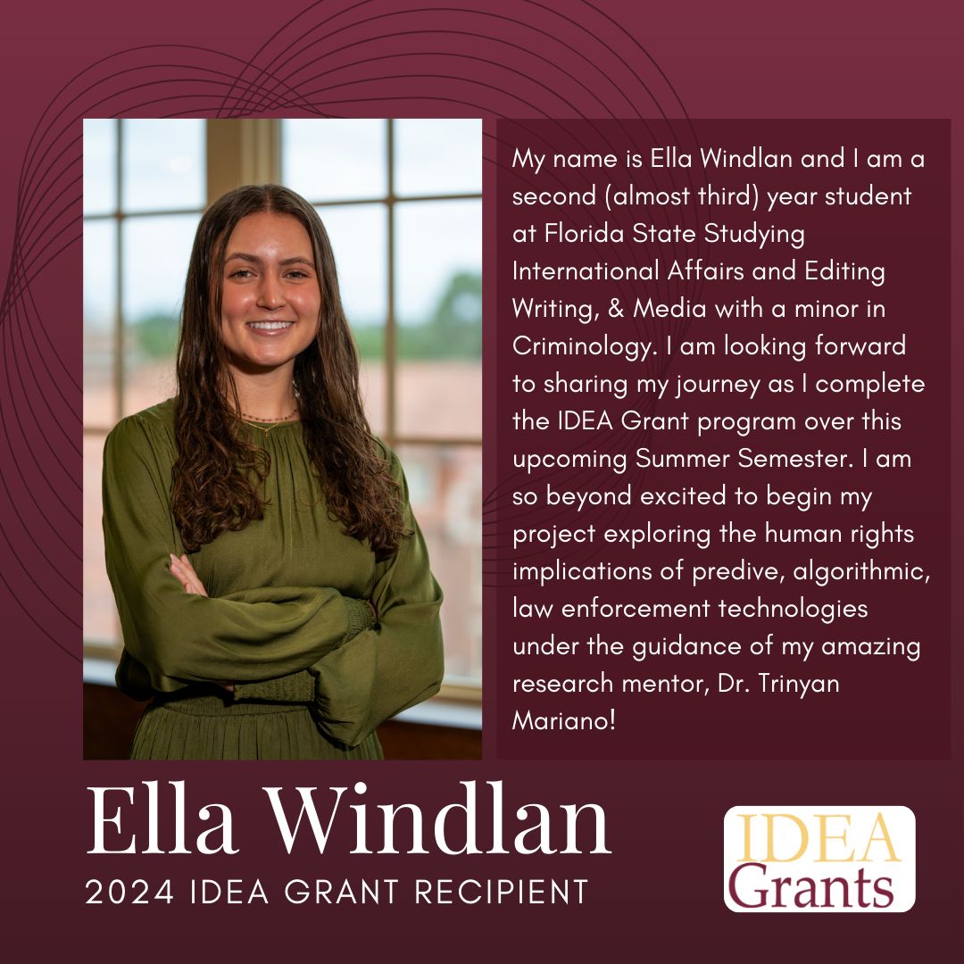 FSU_CRE's tweet image. Today, we would like to highlight Global Scholar, former UROP student, and 2024 IDEA Grant Recipient, Ella Windlan!

Read more about her IDEA Grant project here: buff.ly/3UCi7Pa 

#IDEAGrant #UROP #GlobalScholars