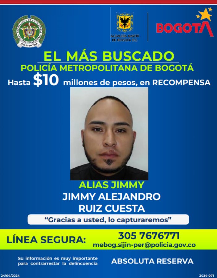 La Policía de Bogotá ofrece hasta $10 millones de recompensa por información que lleve a la captura de alias ‘Jimmy’, el último miembro que falta por capturar de la peligrosa banda de atracadores de restaurantes en el norte de Bogotá, entre ellos la panadería Masa.