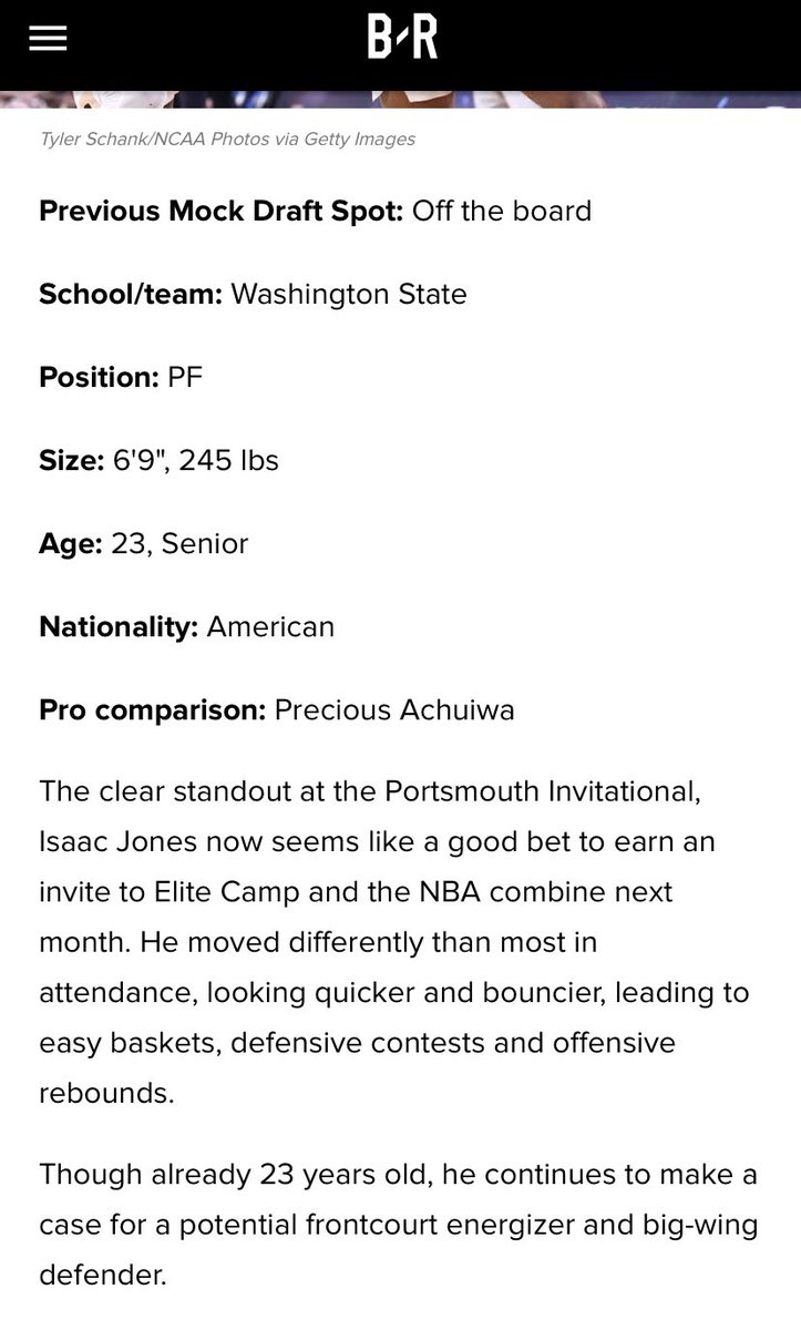 I don’t really read into these too much, but Bleacher Report has Isaac Jones going #58 in the latest 2024 NBA Mock Draft. 

His draft stock definitely went up after the Portsmouth Invitational. 

#GoCougs