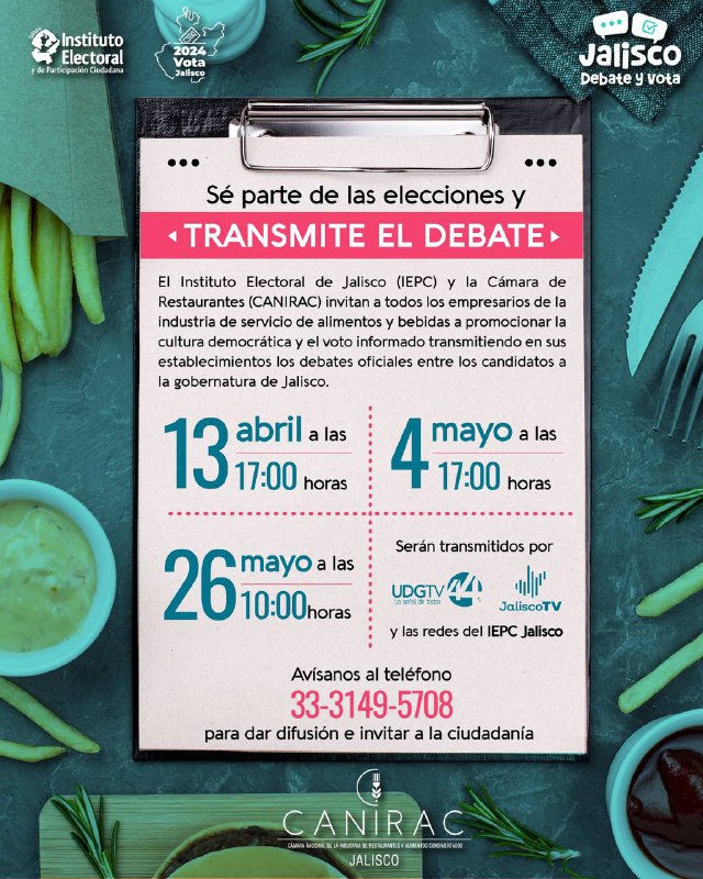 🔊 La @canirac_jalisco y el IEPC invitan a las y los empresarios de la industria de alimentos y bebidas a ser parte de las elecciones y transmitir los debates a la Gubernatura de Jalisco. Todas y todos formamos una democracia fuerte con un #VotoInformado 🥳🗳️ #JaliscoDebate2024