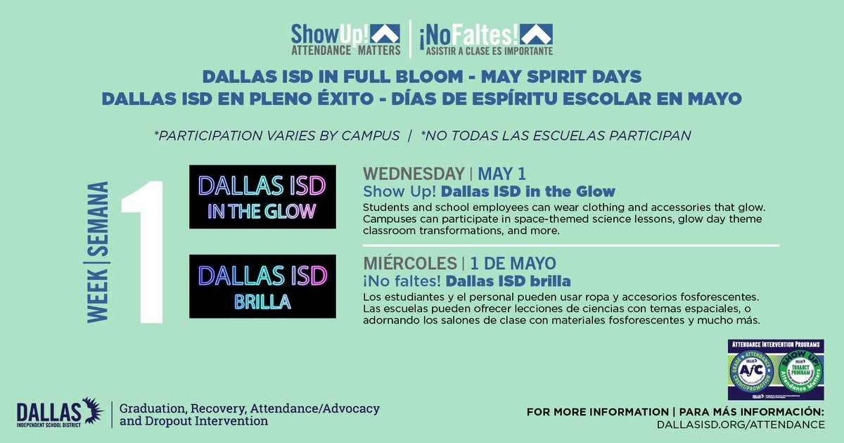 Tomorrow Dallas ISD is in the GLOW! Students and school employees can wear their favorite clothing and accessories that glow.* *Participation varies by campus.