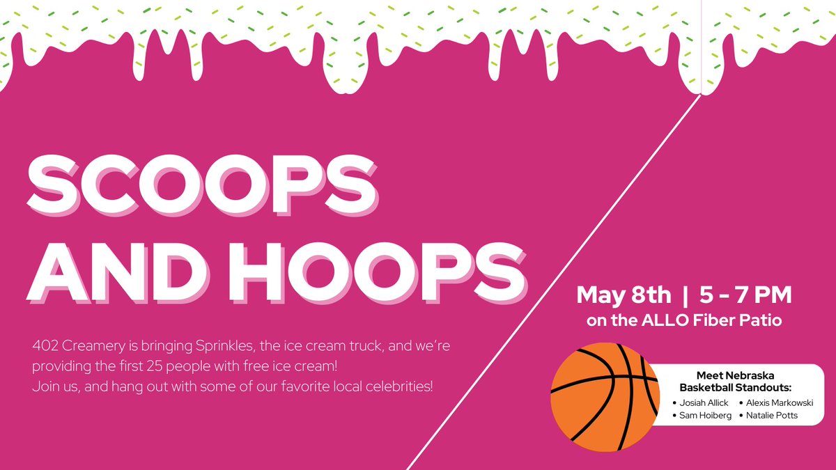 Join ALLO and @4Creamery alongside Josiah Allick, Sam Hoiberg, Alexis Markowski, and Natalie Potts for a fun kick-off to our summer event. Stop by our patio at 330 S 21st Street for free ice cream and a chance to win a signed basketball or six months of GIG internet service!