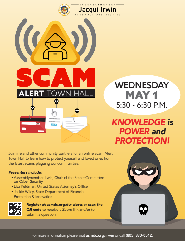 As a reminder, tomorrow I'll be hosting a virtual 'Scam Alert Town Hall' beginning at 5:30 pm. Join experts from the United States Attorney's Office & the @CaliforniaDFPI as they discuss the latest scams and tactics being used. Sign up to attend at: a42.asmdc.org/event/20240501…