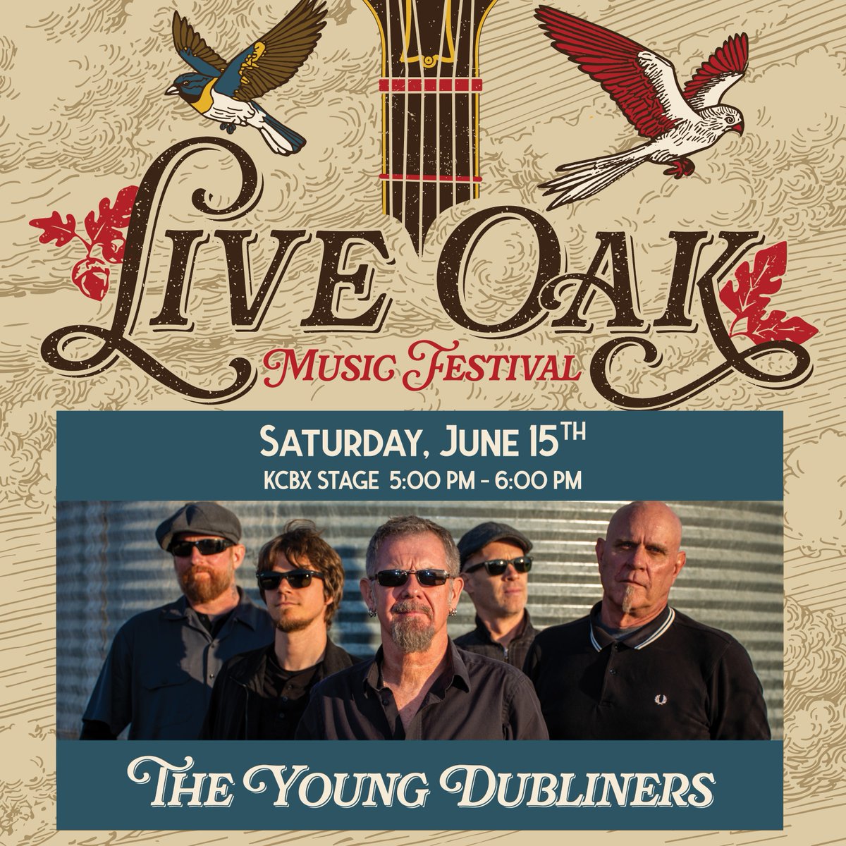🎻 Day 2 of #BandWeek rocks on with the @YoungDubliners at #LiveOakMusicFest! Experience their unique Celtic Rock blend on June 15 at 5pm on the Main stage. Ready for a fusion that transcends? Details: liveoakfest.org/intertainment #KCBX