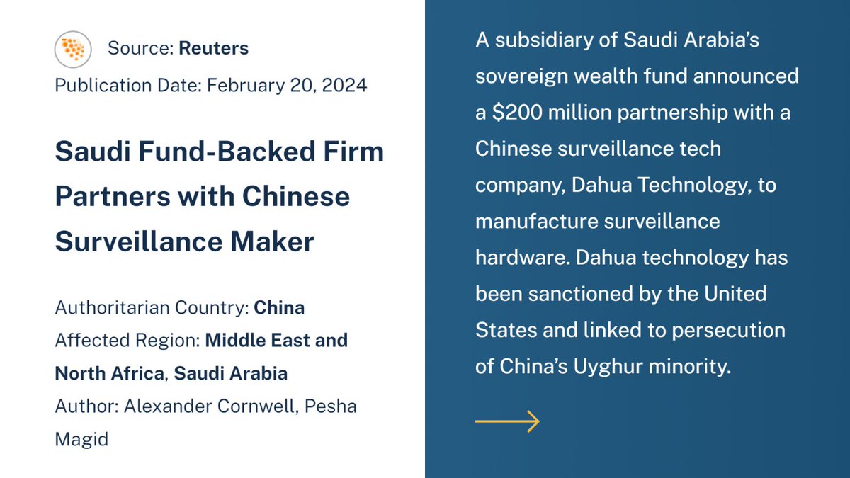 @allafrica @steph_arnold_ @Diplomat_APAC @MatthewDalyWDC @VOANews @a_bijelonja @RadioFreeAsia @ICIJorg @mateirosca NEW TO THE PORTAL | “Saudi fund-backed firm partners with Chinese surveillance maker” @reuters @alexjcornwell @pmagid buff.ly/3QNvmub