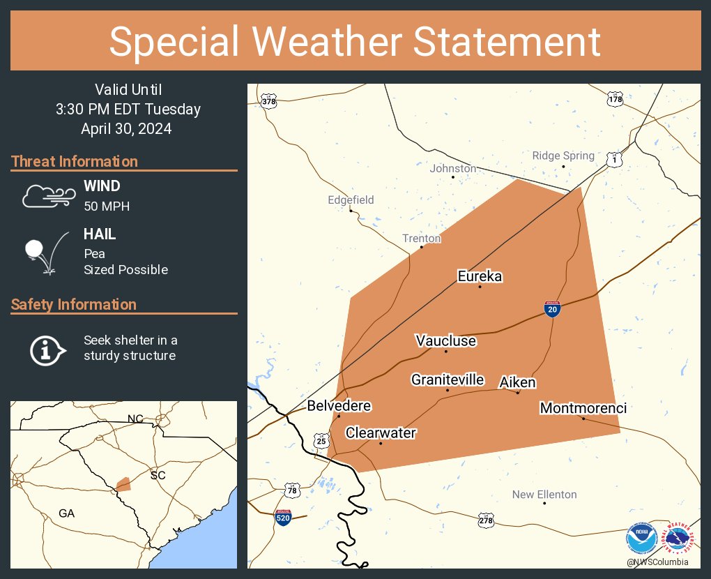 A special weather statement has been issued for Aiken SC, Belvedere SC and Clearwater SC until 3:30 PM EDT