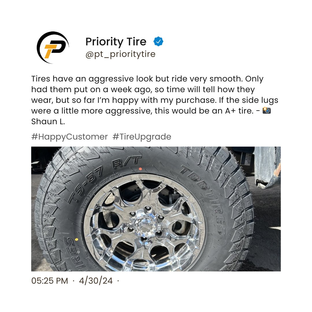 Shaun L. shares his thoughts on the TBB TS-57 R/T tires! Aggressive look meets smooth ride. Looking forward to seeing how they hold up over time. Thanks for the feedback, Shaun! 🚗🌲

#TBBTires #RuggedTerrain #OffRoadAdventures
