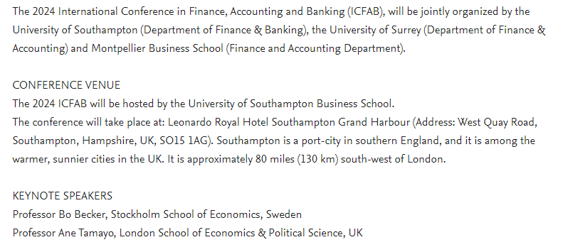 #CallForPapers 2024 International Conference in Finance, Accounting and Banking (ICFAB) Accepting submissions through May 31st, 2024 here: spkl.io/60164NBjw Full details here: spkl.io/60174NBjb @SotonBusiness @PPapadimitri #AcademicTwitter #AcademicChatter