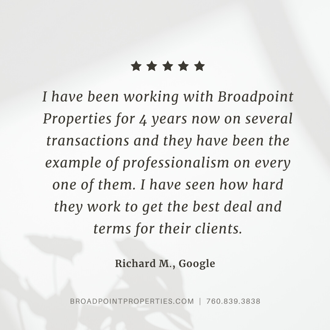Another happy client sharing their experience with us! 🌟 Thank you for trusting us with your real estate journey. Our team is dedicated to delivering exceptional service every step of the way.  Feel free to give us a call! 📞 (760) 839-3838

#BroadpointProperties #ClientReviews