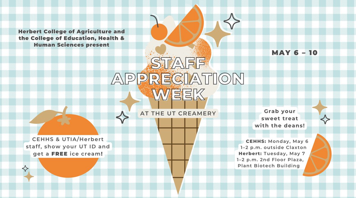 Attention #CEHHS, @UTIAg, and @UT_Herbert staff! 📣 Celebrate Staff Appreciation Week (May 6–10) at @UTCreamerytn! Show your UT ID and receive a FREE ice cream made and served by @UTKnoxville students 🍨🍊 Find hours, flavors, and more information at utcreamery.tennessee.edu