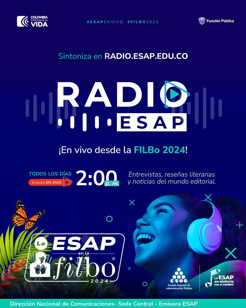 🔴🎙️ ¡Estamos #EnVivo en la #FILBo2024 desde las 2:00 p.m! Cubrimiento especial con entrevistas, reseñas y novedades de la #ESAP en la última semana de esta feria literaria. 🎧 radio.esap.edu.co 🎥 youtube.com/watch?v=7s7rB5…