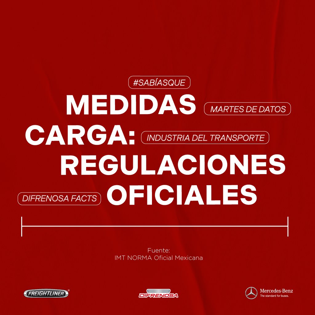 TUES-FACT: Las dimensiones máximas autorizadas en vehículos de carga son de 2.60 metros de ancho y 4.25 metros de altura. 

#TuesdayFact #SabíasQue #MartesDeDatos #DifrenosaFacts #Difrenosa #EconomíaMexicana #Freightliner #Mbenzbuses #MedidasVehiculosDeCarga #RegulacionOficial