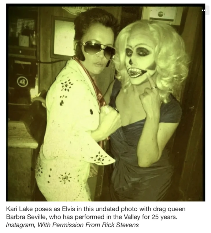 @AZSenateGOP Here's @AZGOP 2022 #AZGov nominee and current #AZSen candidate Kari Lake as drag Elvis, along with drag queen then-pal @TheBarbra1 Seville.
