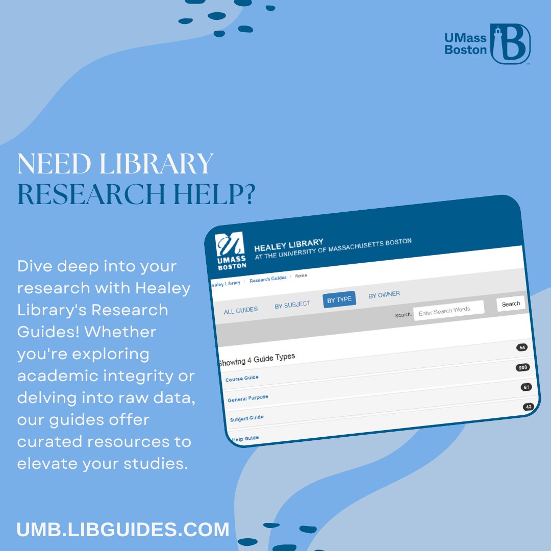 Lost in the sea of research? Let our Research Guides be your compass! From academic integrity to raw data, we've curated resources to guide you on your academic journey. Check them out now! - umb.libguides.com 
 #ResearchGuides #umassboston #umb