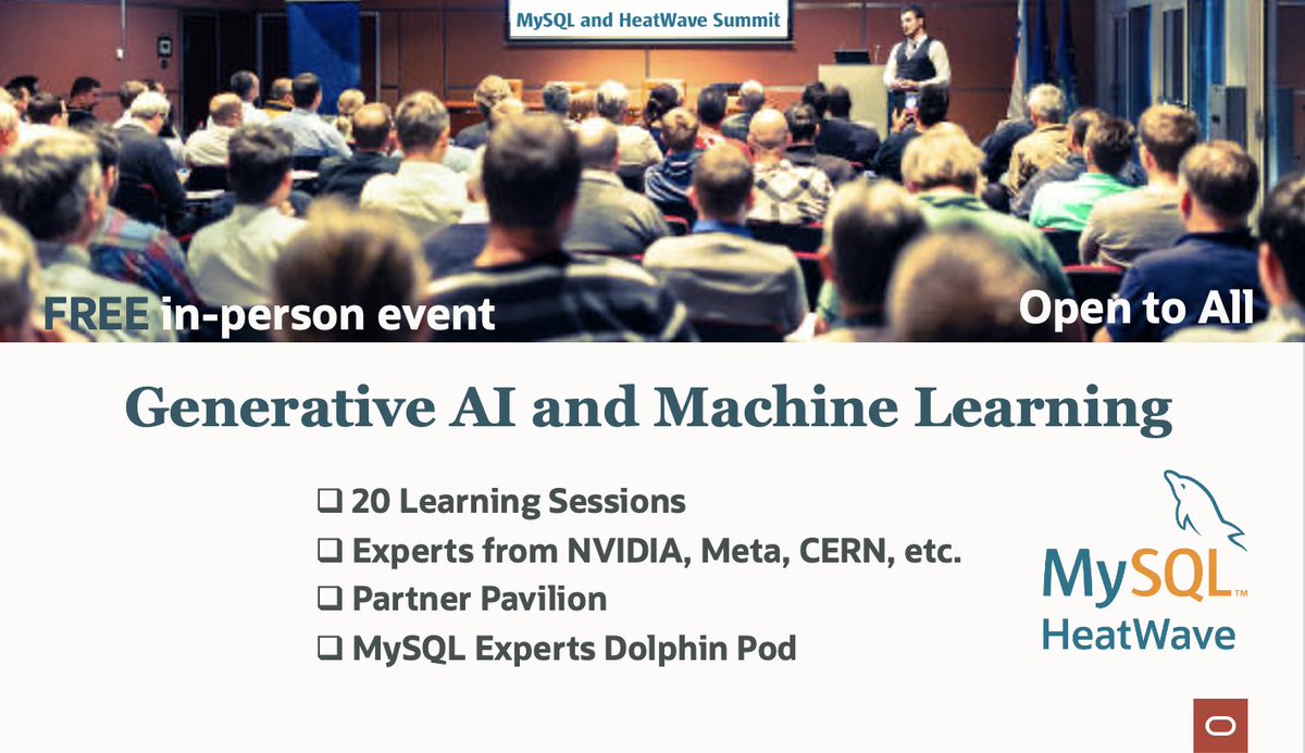 [MySQL and HeatWave Summit 2024] Last Day to Register! Join us tomorrow, Wednesday, May 1st in Redwood Shores CA, for a full day of MySQL and HeatWave Sessions covering topics like #GenerativeAI and #MachineLearning. The event is free. Register now. social.ora.cl/6010jHGTO