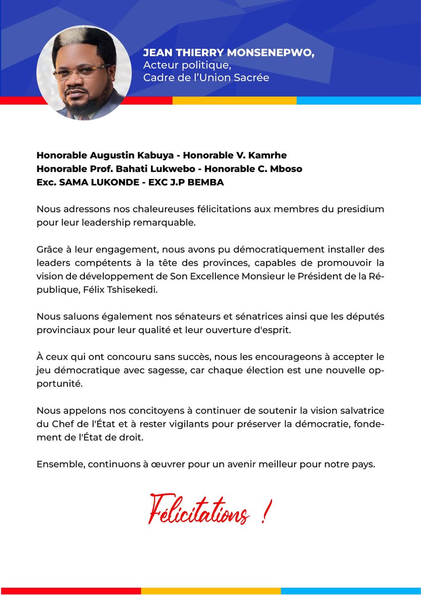 #RDC : Mot de Jean Thierry Monsenepwo (@ThierryMonse) qui félicite les membres du Présidium de l'Union Sacrée élus à l'issue de différentes élections.
