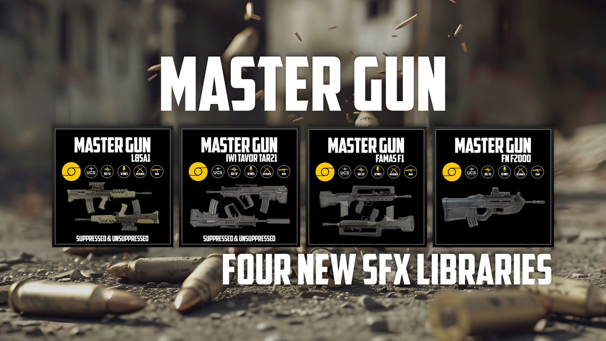 The Master Gun Armoury Bundle just got bigger with the release of 4 new Bullpup Rifles including the FN F2000, FAMAS F1, IWI Tavor TAR-21 Suppressed & Unsuppressed & the L85A1 Suppressed & Unsuppressed. Each gun comes with an extensive collection of foley and shot recordings…