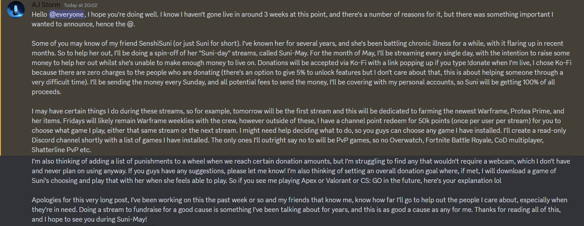 TheRealAJStorm's tweet photo. Those of you that know @SenshiSuni might have heard of her Suni-day streams. Well, announcing...Suni-May! I'll be streaming EVERY DAY for the month of May to help raise money for Suni to help her through her struggles. More details in the attached screenshot. https://t.co/xsAKR8bFUU
